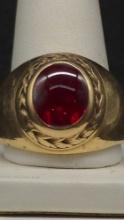 Mens 10k Gold Ring with Red Synthetic Stone