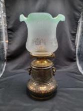 Antique Wright and Butler Duplex burner oil lamp with ornate brass base