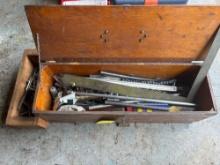wooden tool box, hammer, snippers, sockets, ratchets, square