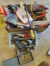 Box lot of hand tools, saws, drill index vice and hardware