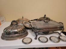 Group of silverplate serving pieces, covered dishes, tray, coasters