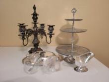 Antique silverplate candelabra, hammered aluminum tray, serving pieces