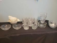 Marquis Waterford vase, Duncan Miller cups, press glass, non matching creamer and sugar