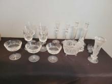 Waterford Crystal stemware, press glass vase and dish, candlesticks