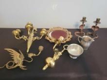 Brass wall scounces, pewter, unusual cobra candle holders, mirror