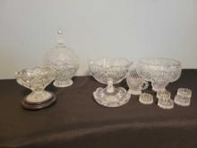 Vintage De Plomb Crystal Candy, Duncan Miller creamer and sugar, assorted salt dips and bowls