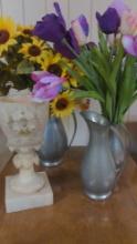 Set of 3 Pewter pitcher vases & Alabaster urn