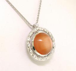 18k White Gold 7.59 ctw Peach Orange Bezel NATURAL Moonstone Diamond Halo Pendan