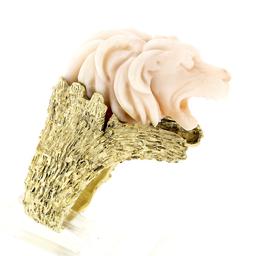 Vintage 14k Gold LARGE Hand Carved Lion's Head Soft Pink Angel Skin Coral Ring