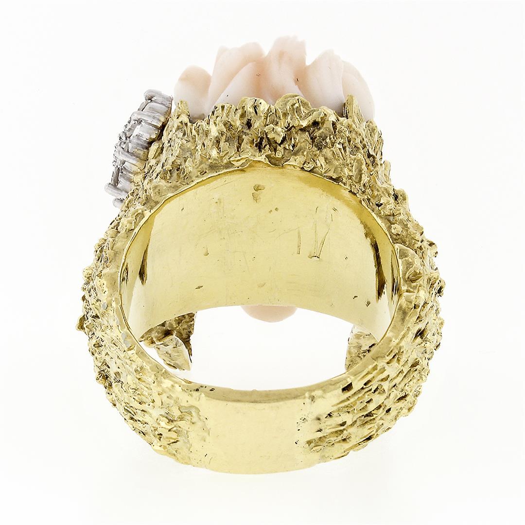 Vintage 14k Gold LARGE Hand Carved Lion's Head Soft Pink Angel Skin Coral Ring