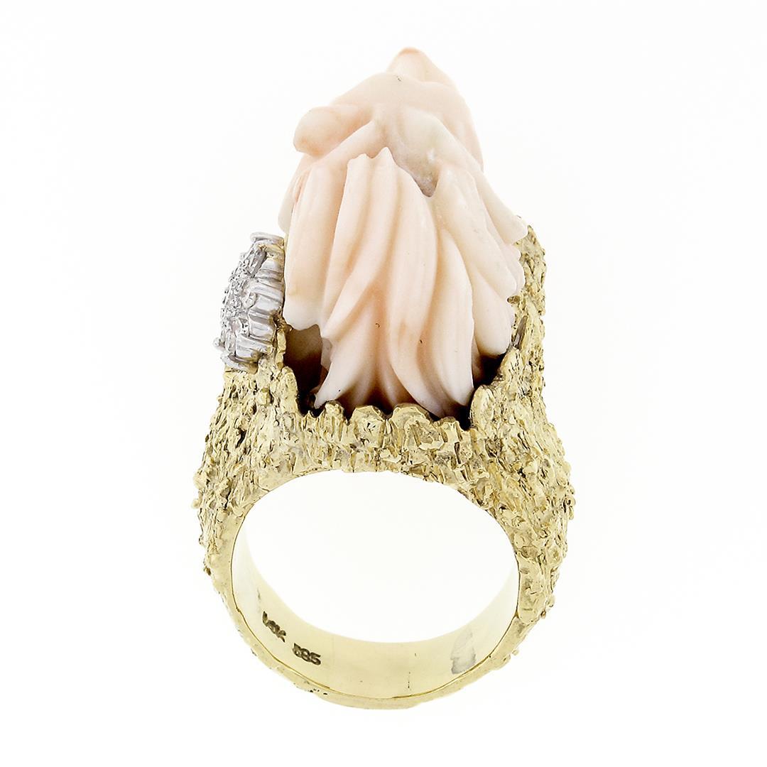 Vintage 14k Gold LARGE Hand Carved Lion's Head Soft Pink Angel Skin Coral Ring