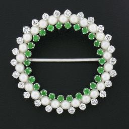 Vintage 14k Gold 1.60 ctw Round Diamond Emerald & White Pearl Circle Wreath Broo