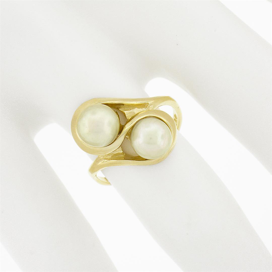 Solid 14k Yellow Gold Dual Round Cultured Pearl Polished Finish Bypass Ring