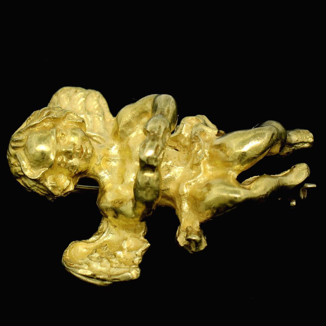 Designer Koven 18K Yellow Gold 3D Textured Cherub Angel Brooch Pin Heavy 20.08g