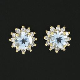 NEW 14k Yellow Gold 2.12 ctw Round Aquamarine Diamond Halo Cluster Stud Earrings