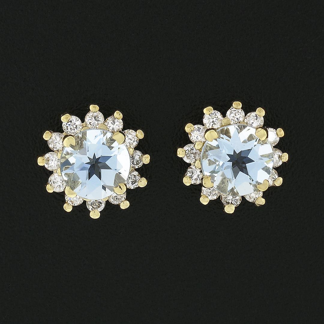 NEW 14k Yellow Gold 2.12 ctw Round Aquamarine Diamond Halo Cluster Stud Earrings