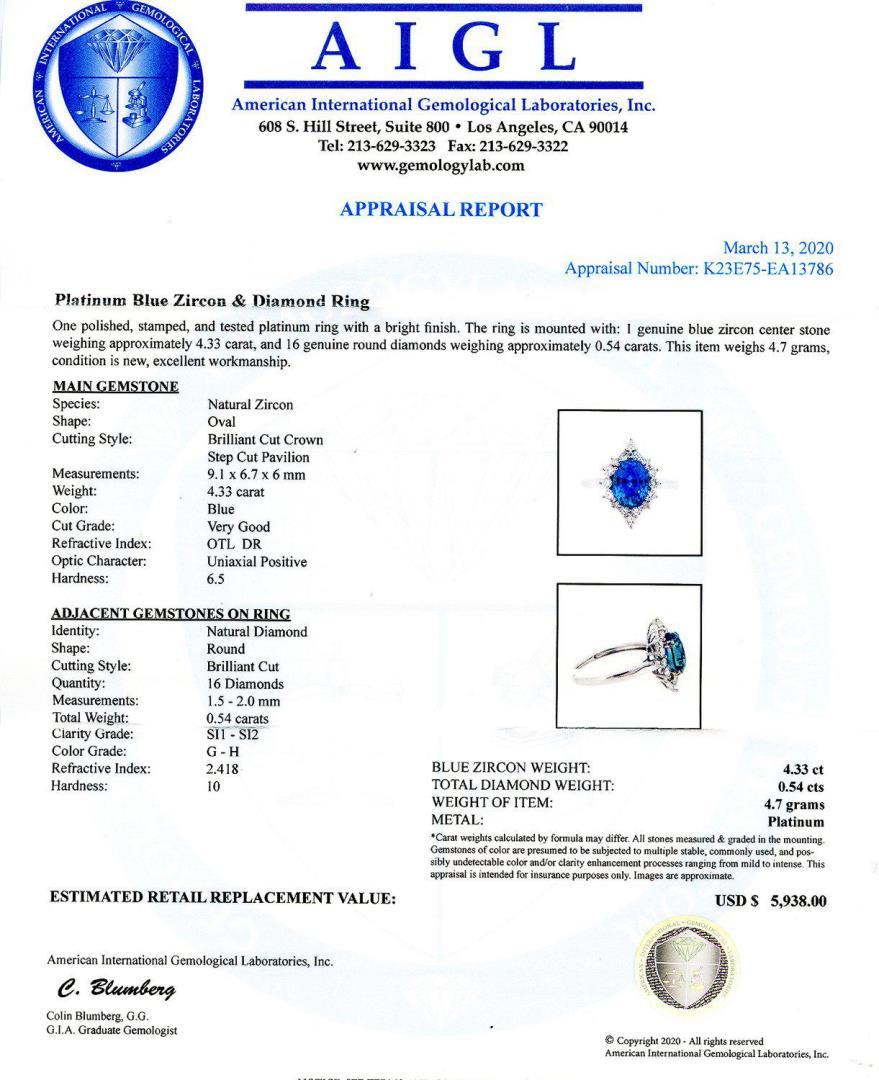 4.33 ctw Blue Zircon and 0.54 ctw Diamond Platinum Ring