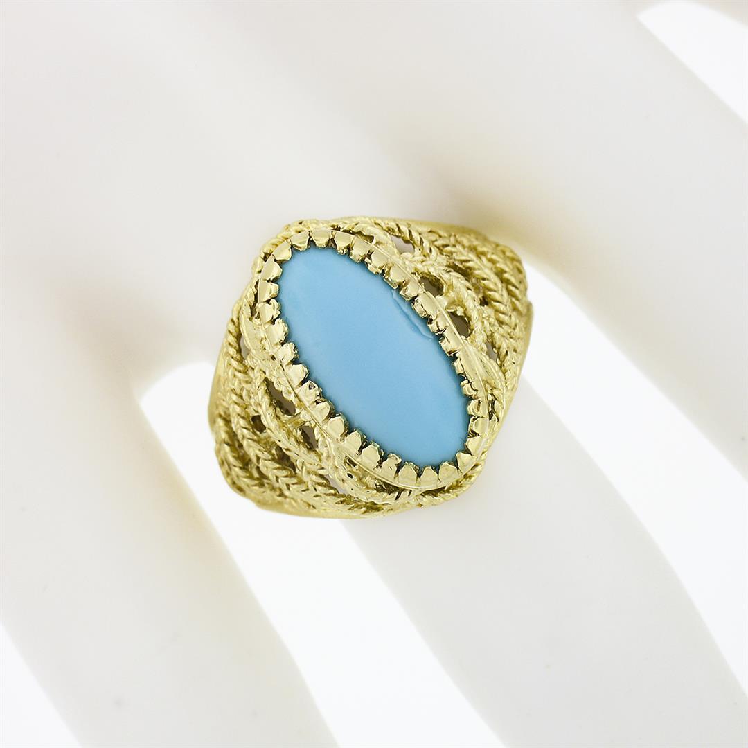 Estate Italian 18k Gold Oval Cabochon Cut Turquoise Solitaire Braided Cigar Ring