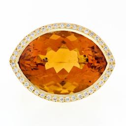 Estate 18K Gold Large Wide Citrine Diamond Halo Almond Eye Shaped Cocktail Ring