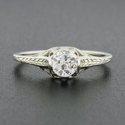 Antique 14k Gold 0.54 ctw GIA European Diamond Solitaire Filigree Engagement Rin