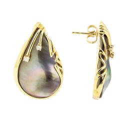 0.10 ctw Diamond and Black Mother of Pearl Teardrop Earrings - 14KT Yellow Gold