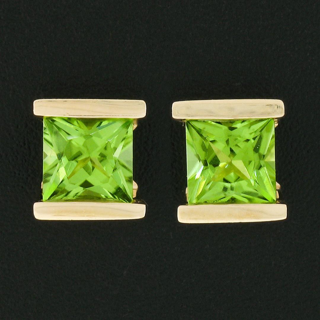 Classic 14K Yellow Gold 2.60 ctw Square Cut Channel Set Peridot Post Stud Earrin