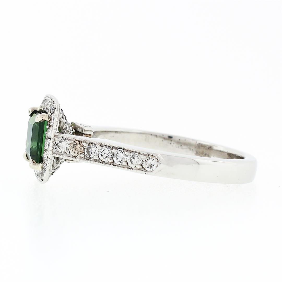 Platinum 1.51 ctw Square Step Cut Green Tourmaline Solitaire Ring w/ Diamond Hal