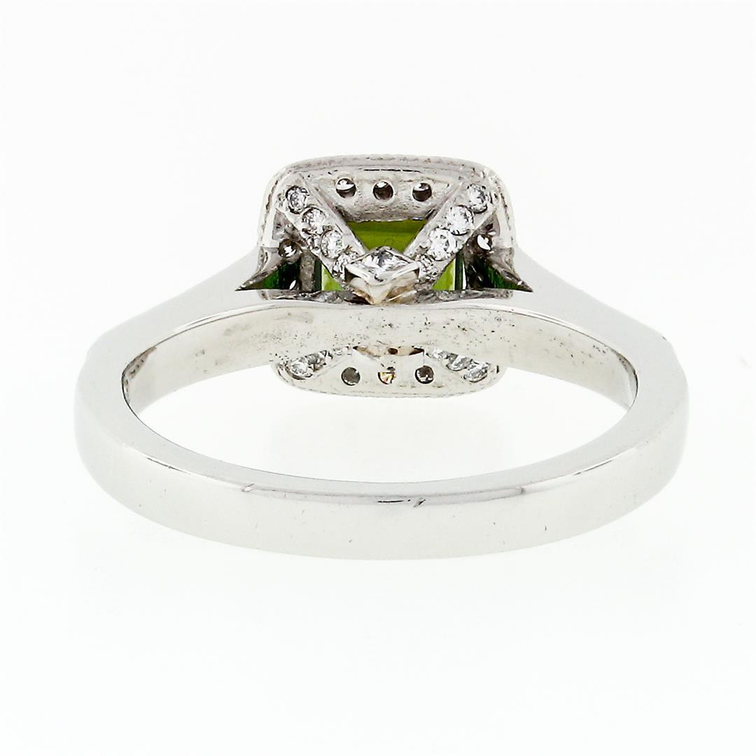 Platinum 1.51 ctw Square Step Cut Green Tourmaline Solitaire Ring w/ Diamond Hal