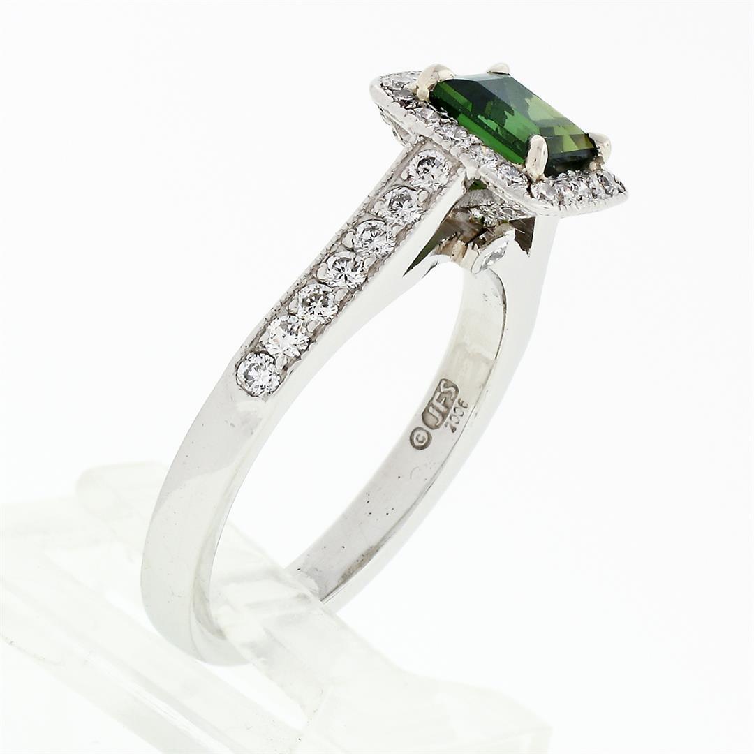 Platinum 1.51 ctw Square Step Cut Green Tourmaline Solitaire Ring w/ Diamond Hal