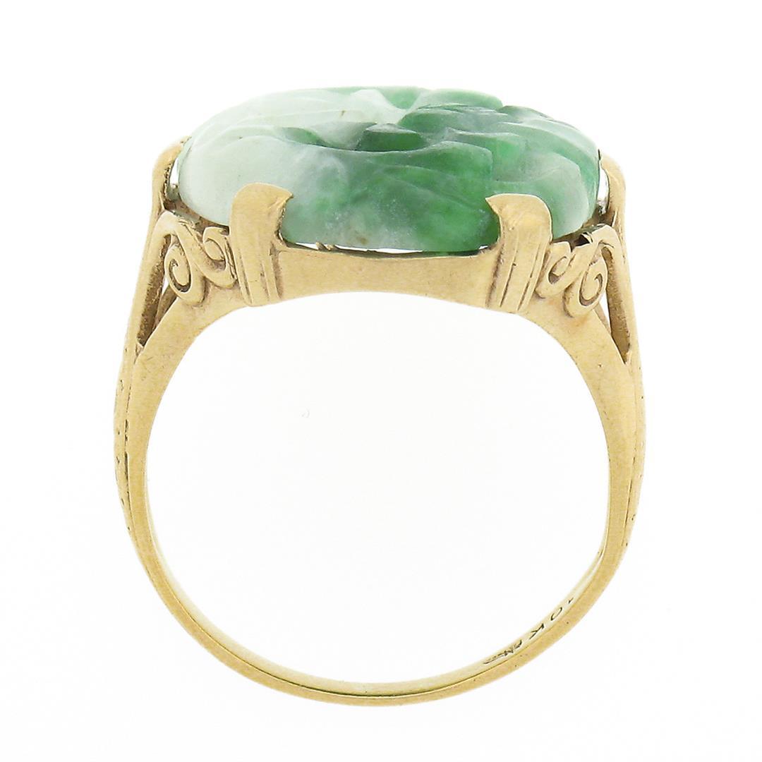Vintage 10k Yellow Gold Oval Floral Carved Jade w/ Etched Open Work Platter Ring