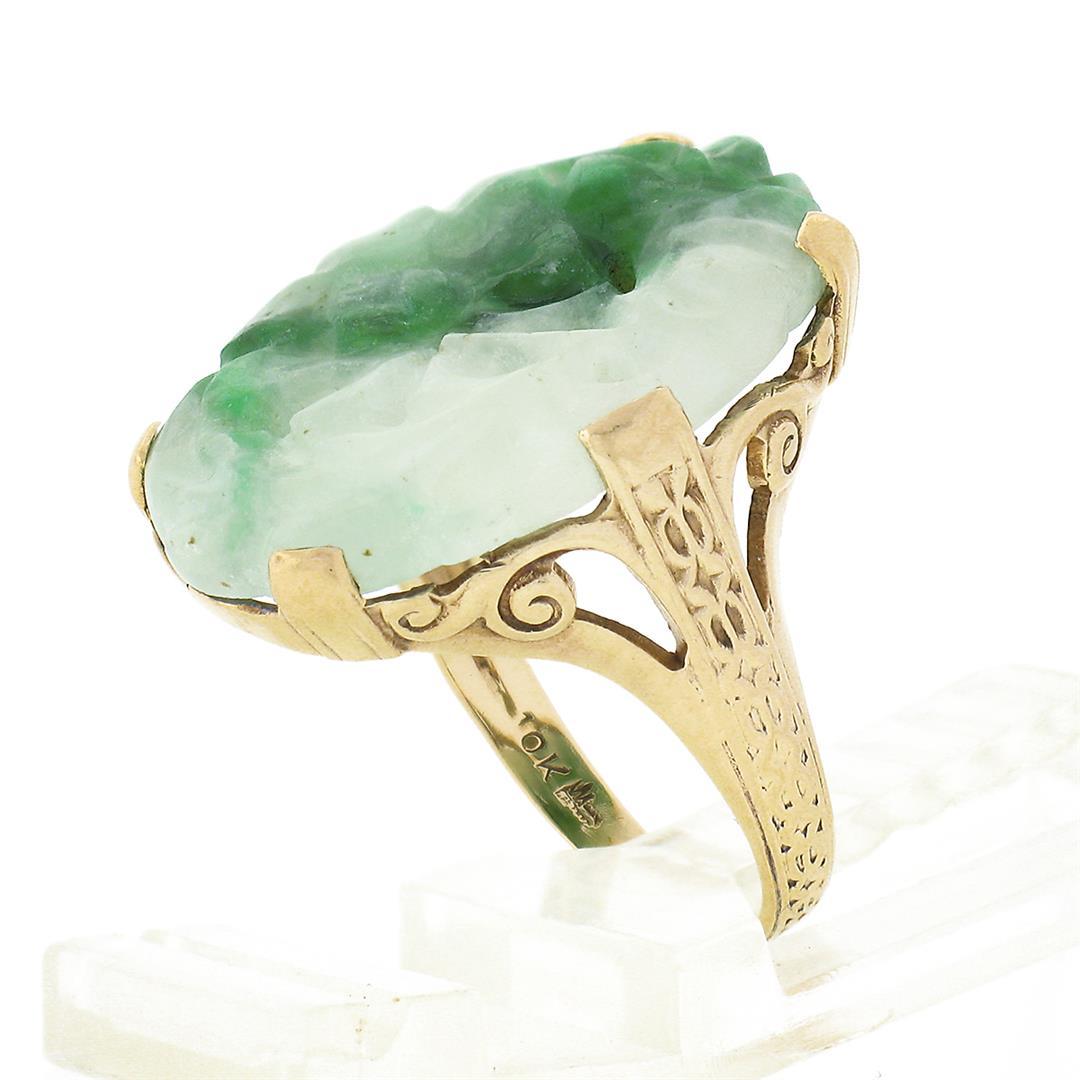 Vintage 10k Yellow Gold Oval Floral Carved Jade w/ Etched Open Work Platter Ring