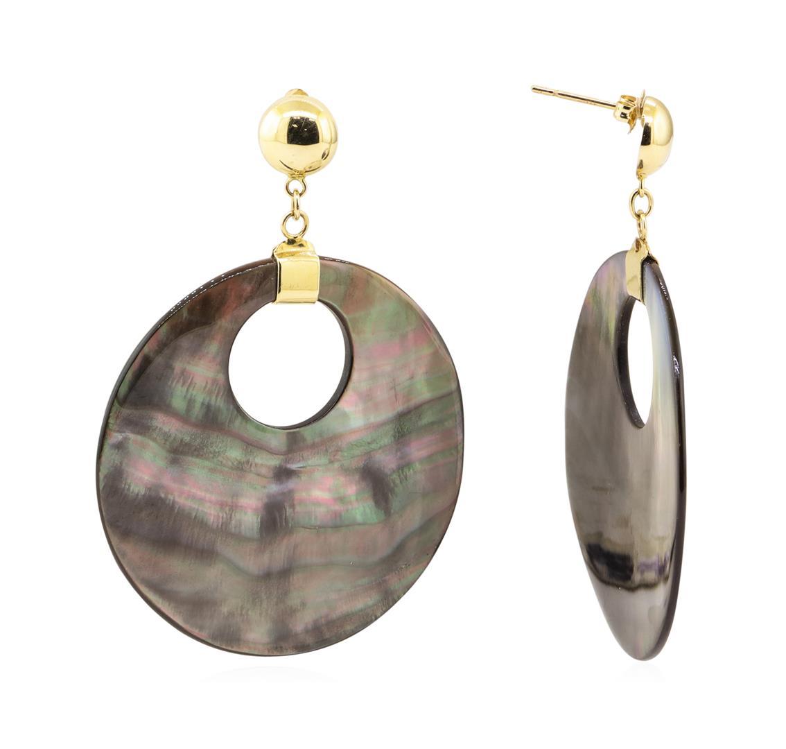 Black Mother of Pearl Coin Dangle Earrings - 14KT Yellow Gold