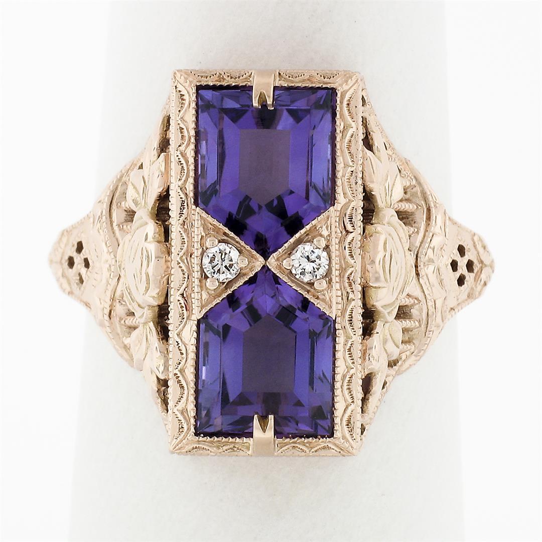 14K Rose Gold 1.80 ctw Amethyst W/ Diamond & Filigree Milgrain Etched Dinner Rin