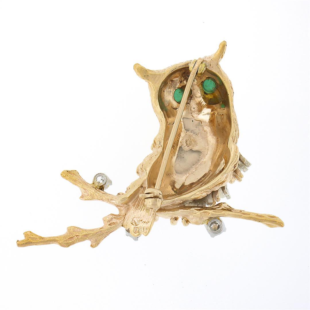 Vintage Detailed Textured 14K TT Gold Diamond & Chalcedony Owl on Branch Brooch