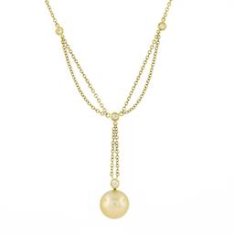 18k Gold 0.12 ctw Bezel Diamond Golden Pearl Dangle Dual Cable Link Chain Neckla