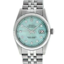 Rolex Mens Stainless Steel Blue Diamond Fluted Bezel 36MM Datejust Wristwatch