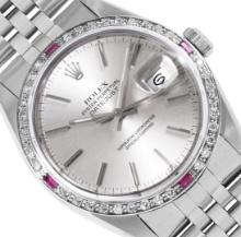 Rolex Mens Stainless Steel 36MM Silver Index Diamond And Ruby Datejust With Role