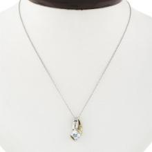 Petite 10K TT Gold Channel Blue Topaz Diamond Polished Overlap Pendant Necklace