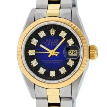 Rolex Ladies Quickset Two Tone Blue Vignette Diamond Oyster Band Datejust Wristw