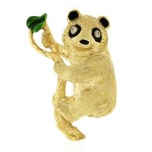 18K Gold Diamond Green Black Enamel Detailed Textured Climbing Panda Brooch Pin