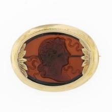 Antique 14K Yellow Gold Sideways Oval Carved Brown Glass Cameo Floral Pin Brooch