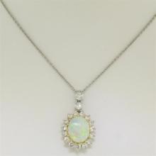 Solid Platinum 18K Yellow Gold 3.69 ctw Oval Opal & Diamond Halo Pendant Necklac