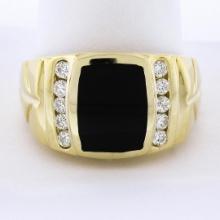 Mens 14K Gold .35 ctw Inlaid Black Onyx w/ Diamond Channel Polished Wide Band Ri