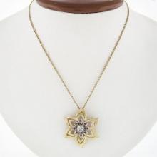 Vintage 14k Two Tone Gold Diamond Ruby Florentine Finish Flower Pendant Necklace