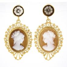 Vintage 14k Gold Carved Shell Cameo w/ Open Filigree Frame Drop Dangle Earrings