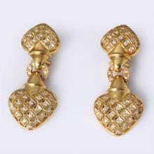 Pair 18k Yellow Gold & Diamond Double Heart Earrings