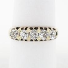 Antique Victorian 14k Rosy Yellow Gold 1.35 ctw 5 Old Mine Cut Diamond Band Ring