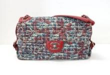 Chanel Red Leather Blue Multicolor Tweed Shoulder Bag