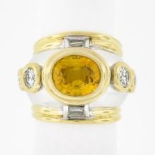 Vintage 18K TT Gold GIA Orange Yellow Bezel Sapphire & Diamond Unique Domed Ring