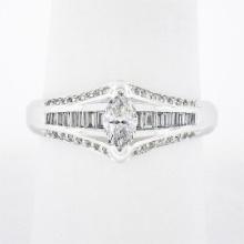 14k White Gold 1.37 ctw Marquise Solitaire Baguette Round Diamond Engagement Rin